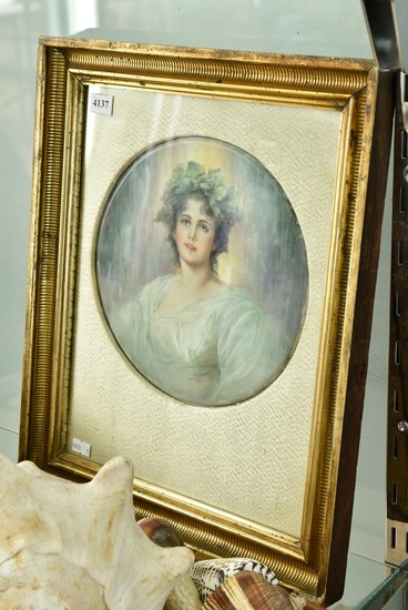 A VERY LARGE HAND PAINTED ANTIQUE PORCELAIN PLAQUE, 'DAPHNE' KPM, UNSIGNED, MOUNTED AND FRAMED IN GILT CARVED FRAME