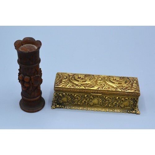 A Victorian Gilt Metal Stamp Box together with a carved Blac...