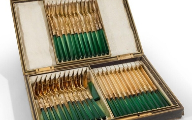 A cased set of 19th century German dessert flatware, Peter Bruckmann & Co., Heilbronn, comprising twelve each spoons, knives and forks with gilded bowls, blades and prongs (stamped 13 loth) to tapering green glass handles, in a fitted, varicoloured...