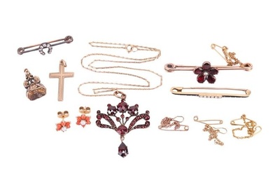 A collection of 19th century and later jewellery, including a garnet pendant in a spray design with