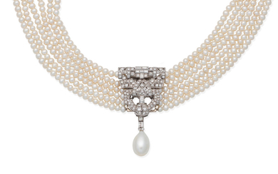 A cultured pearl necklace and diamond clip combination