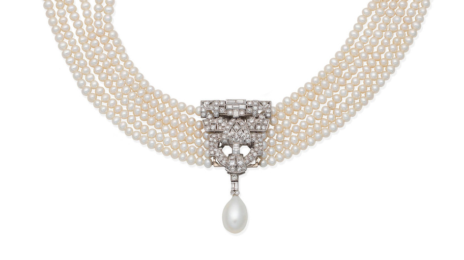 A cultured pearl necklace and diamond clip combination