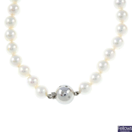 A cultured pearl necklace with 18ct gold diamond clasp.