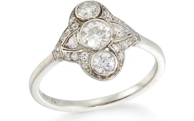 A diamond three stone panel ring, with three graduated old European cut...