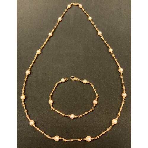 A fancy link cultured pearl and 9ct gold necklace and bracel...