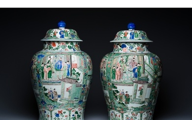 A fine pair of large Chinese famille verte vases and covers,...