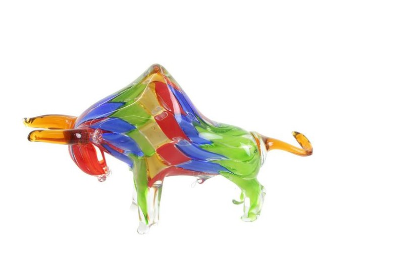 A glass figure of a bull - Very colorful