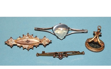 A gold-mounted moonstone bar brooch, a 9ct gold cannetile lo...