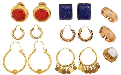 A group of jewellery, comprising: a pair of coral (corallium rubrum) earstuds, the bouton shaped coral within hammered surrounds, unmarked; a baroque cultured pearl single stone ring in ropework mount, stamped 750, ring size E; four pairs of gold...