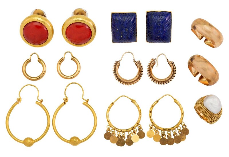 A group of jewellery, comprising: a pair of coral (corallium rubrum) earstuds, the bouton shaped coral within hammered surrounds, unmarked; a baroque cultured pearl single stone ring in ropework mount, stamped 750, ring size E; four pairs of gold...
