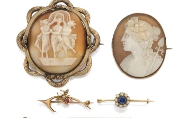 A group of jewellery comprising: a sapphire and seed pearl bar brooch, approx. width 3.6cm; a ruby and half pearl brooch, stamped 15ct; two shell cameos, one depicting a classical female head in profile, approx. length 4.5cm, the other with three...