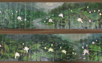 A hand scroll with a Chinese oil painting of a lotus pond, by Wu Guanzhong
