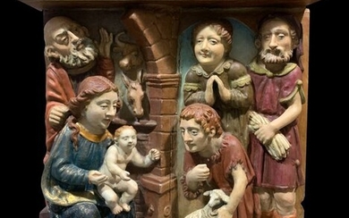 A large and beautiful polychrome relief with Crèche scene in the Rheinisch style - Gothic Style - Oak - Early 20th century