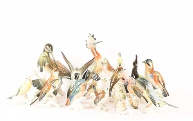 A large collection of mid-century Karl Ens porcelain bird figures comprising a Hoopoe, a pair of Blu