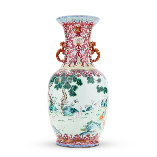 A large famille-rose ‘three rams’ vase Qing dynasty, Jiaqing-Daoguang period | 清乾隆至嘉慶 紫地粉彩三羊啓泰雙螭龍耳大瓶