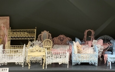 A large quantity of dolls house painted metal nursery and bedroom items, and others.