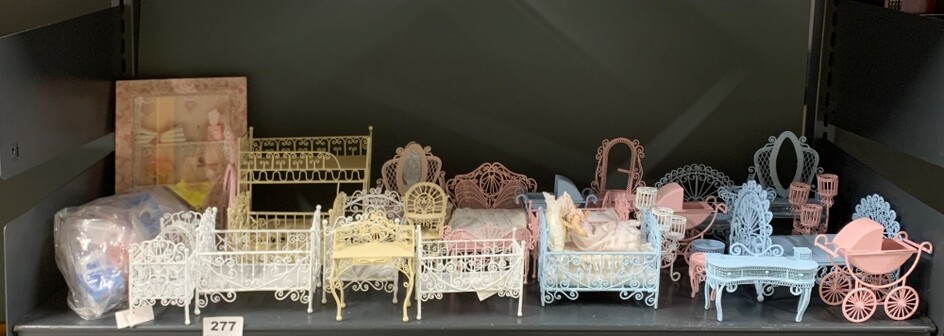 A large quantity of dolls house painted metal nursery and bedroom items, and others.