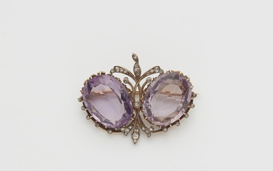 A late 19th century 14k gold, diamond and amethyst brooch.