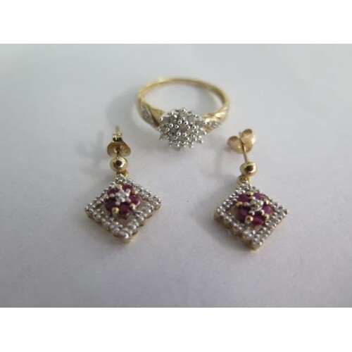 A pair of 9ct gold earrings and a 9ct gold ring, size N, tot...