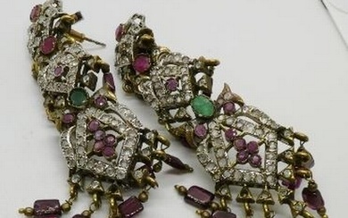 A pair of Ottoman chandelier earrings set with ruby, emerald...