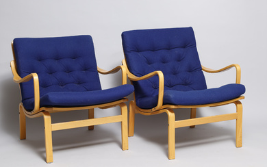 A pair of armchairs, frame of moulded beech, back fitted with French braid, loose cushions upholstered in blue wool, Lindlöfs Interiör, Sweden, (2).