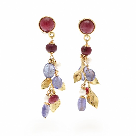 A pair of ruby, iolite and pearl ear pendants each set with three rubies, three iolites and two cultured pearls, mounted in 18k gold. (2)