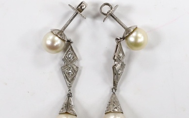 A pair of white metal, two stone cultured pearl and two ston...