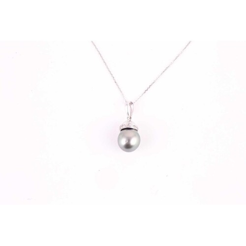 A pearl and diamond pendant, consisting of a 9.6mm grey-blac...