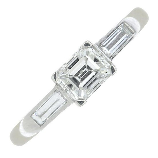 A platinum rectangular-shape diamond single-stone ring