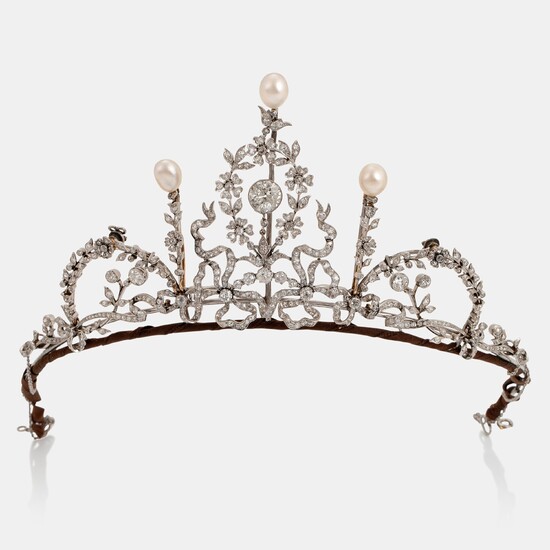 A platinum tiara/necklace combination set with old-cut diamonds and pearls