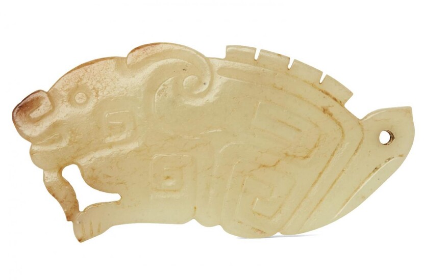 A rare Chinese yellow jade pendant, Western Zhou dynasty, carved as a stylised mythical beast with a goatee beard, decorated with Greek key motifs to the body, 6.6cm longProvenance: Sotheby's Hong Kong, 27 November 2020, Lot 613c.f. A closely...