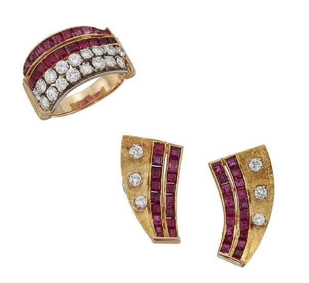 A ruby and diamond ring and pair...