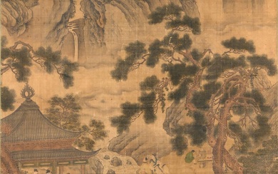 A scroll painting on silk, depicting figures in a landscape. Signed after Qiu Ying (1494-1562). China, 18th/19th century. Provenance: bought in the 1960's at Aalderink Oriental Art, Amsterdam. H. 133 cm. W. 69.5 cm.
