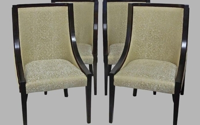 A set of seven contemporary ebonised dining chairs, with cream damask upholstery and red velour piping (7)