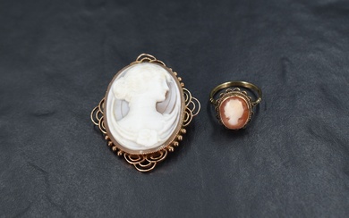 A shell cameo brooch depicting a maiden in profile, in a decorative 9ct rose gold mount having a