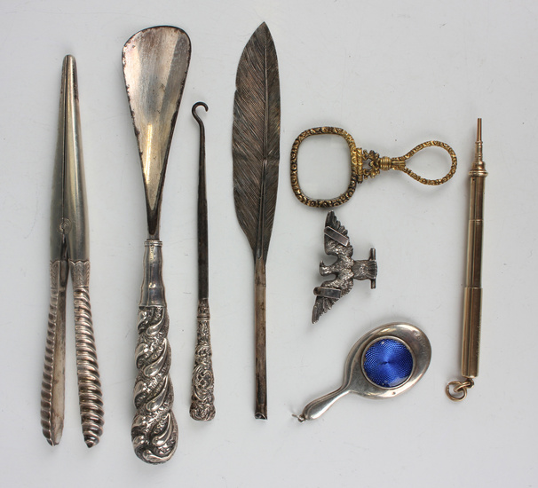 A small collection of silver and collectors' items, including a silver and blue enamelled minia