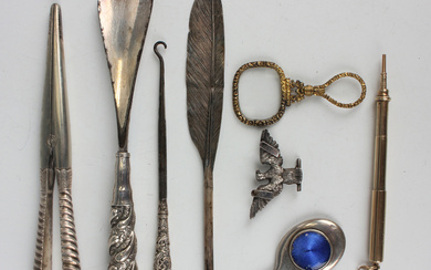 A small collection of silver and collectors' items, including a silver and blue enamelled minia