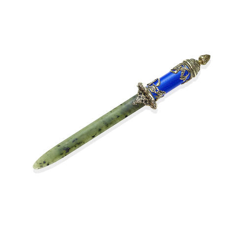 A Faberge Style Enamel, Silver and Hardstone Letter Opener