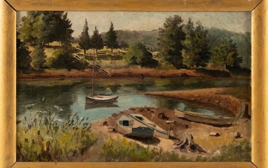 AMERICAN SCHOOL (Early 20th Century,), "Bridgefield"., Oil on canvas, 10" x 15.5". Framed 12" x 17".