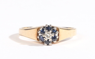 AN 18 CARAT GOLD, SAPPHIRE AND DIAMOND CLUSTER RING.