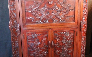 AN ELABORATE AND HIGHLY CARVED CHINESE LIQUOR CABINET