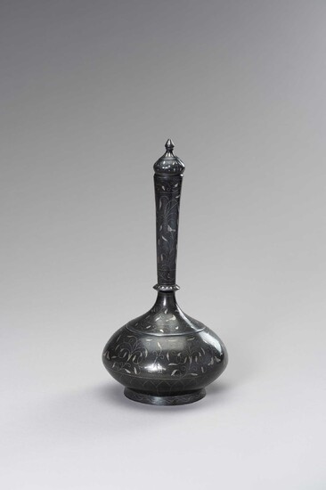 AN INDO-PERSIAN MUGHAL STYLE BRONZE AND SILVER FLASK WITH STOPPER