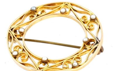 ANTIQUE 14K YELLOW GOLD SEED PEARLS JEWELRY BROOCH