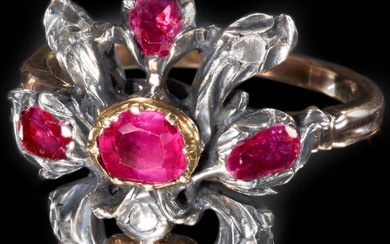ANTIQUE RUBY AND DIAMOND FLORAL RING