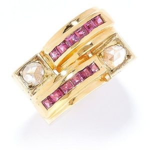 ART DECO RUBY AND DIAMOND RING in high carat yellow