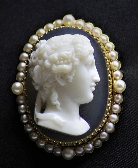 Agate carved cameo brooch depicting a female profile framed...