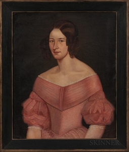 American School, Mid-19th Century Portrait of a Woman in a Pink Dress