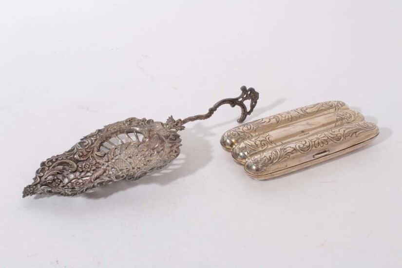 American sterling silver three division cigar case with engraved decoration 12.6cm and Ornate Dutch sifter spoon with floral and bird decoration ( import marks for London 1894) 21cm