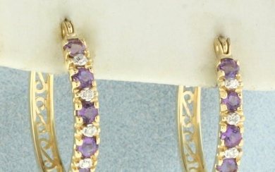 Amethyst and Diamond Hoop Earrings in 14k Yellow Gold
