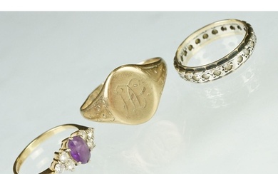 Amethyst and white stone 9ct yellow gold ring, size O; white...